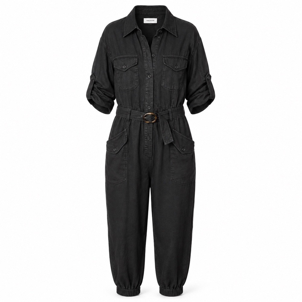 Zimmermann Black Linen Utility Jumpsuit Torotishell Buckle Belt Size 10 Pockets